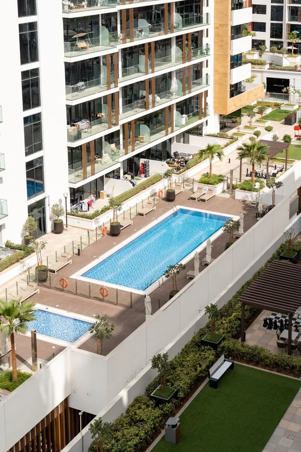 Apartment building with a rooftop pool